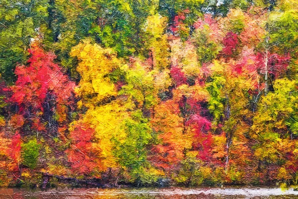 Impressionistic Style Artwork Autumn Colors Hidden Deep Green Forest — Stock Photo, Image