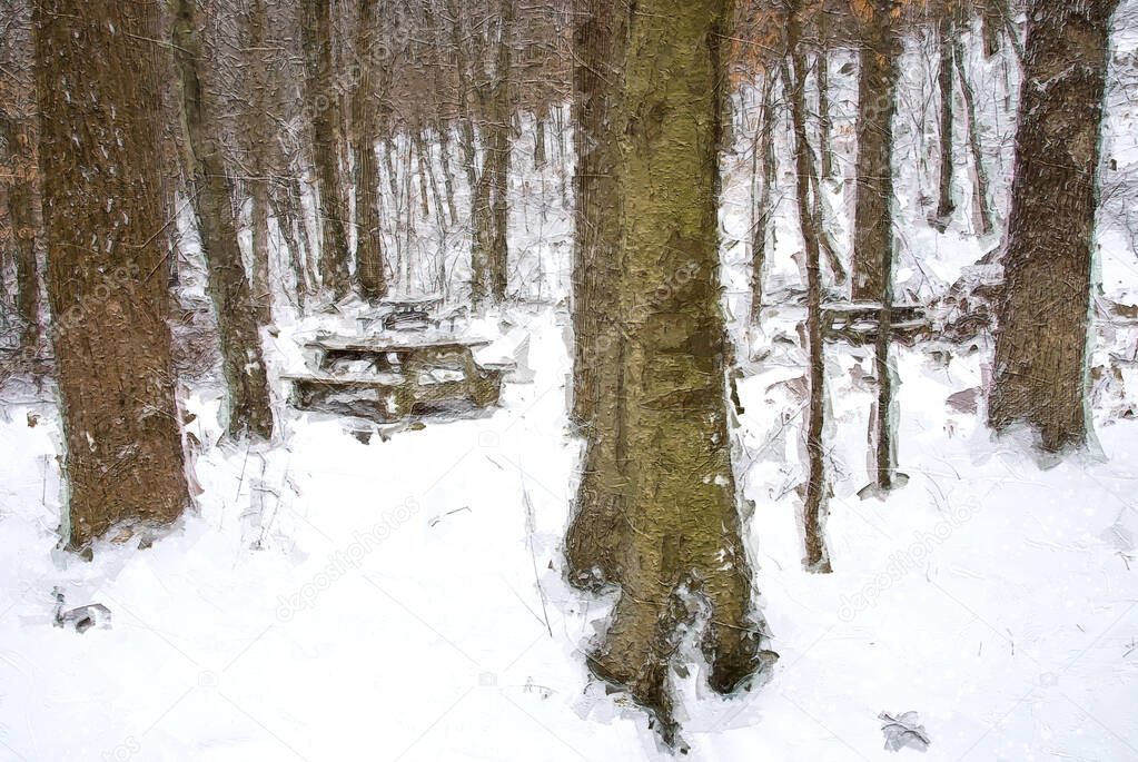 Impressionistic Style Artwork of a Snow Covered Picnic Table Resting Silently Deep in the Winter Forest