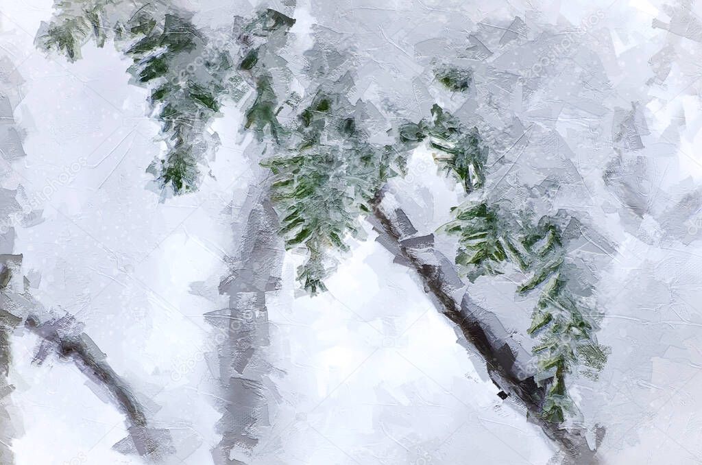 Impressionistic Style Artwork of Winter Branches Covered with Fresh Snow