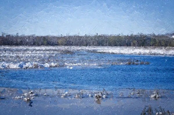 Impressionistic Style Artwork Beautiful Winter Scene Snowy Marsh — Stock Photo, Image