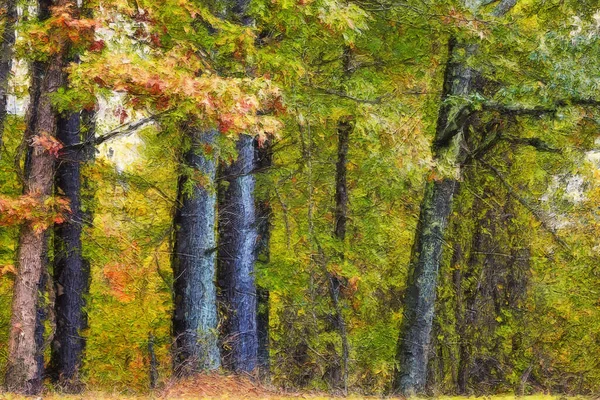 Impresjonistyczny Styl Artwork Autumn Colors Ukryte Głęboko Zielonym Lesie — Zdjęcie stockowe