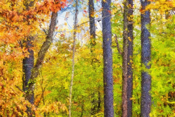 Impresjonistyczny Styl Artwork Autumn Colors Ukryte Głęboko Zielonym Lesie — Zdjęcie stockowe