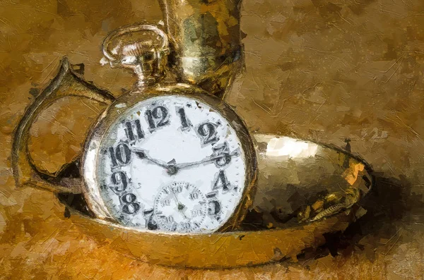 Impresszionista Stílus Műalkotás Vintage Golden Pocket Watch Pihenés Egy Sárgaréz — Stock Fotó