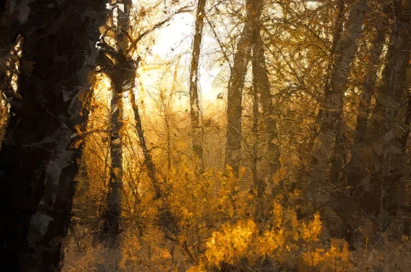 Impresjonistyczny Styl Dzieło Sztuki Wczesnoporannej Samotności Lesie — Zdjęcie stockowe