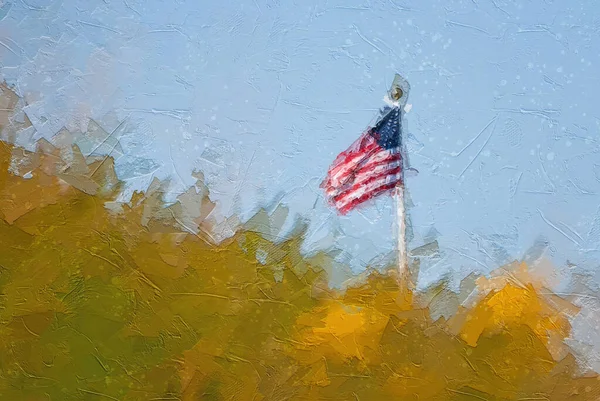 Impresjonistyczne Dzieło Sztuki Amerykańskiej Flagi Stojącej Dumnie Wzgórzem — Zdjęcie stockowe