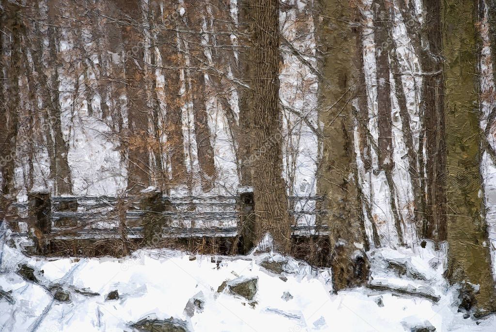 Impressionistic Style Artwork of a Snow Covered Bridge Deep in the Winter Forest