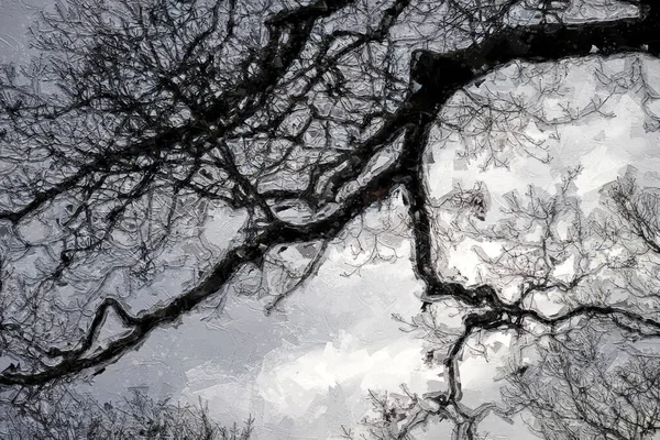 Impressionistic Style Artwork Dark Ominous Silhouetted Tree Cold Overcast Morning — Stock fotografie