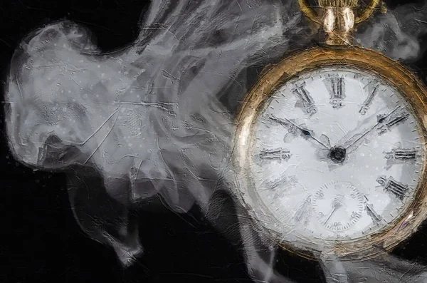 熱い時間の印象的なスタイルのアートワーク 白煙に包まれた懐中時計 — ストック写真