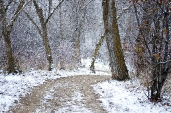 Estilo Impressionista Obra Arte Trilho Coberto Neve Floresta Inverno — Fotografia de Stock