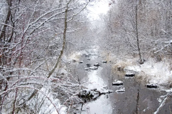 Impressionistic Style Artwork Cold Snowy Stream Winter Forest — Stock Photo, Image