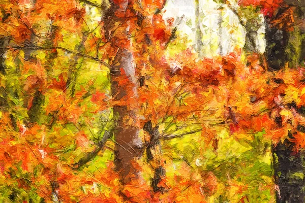Impressionistic Style Artwork Autumn Colors Hidden Deep Green Forest — Stock Photo, Image