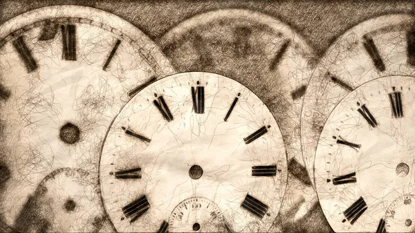 時計修理工場のスケッチ 古い廃棄時計のダイヤルのコレクションに時間の影響 — ストック写真