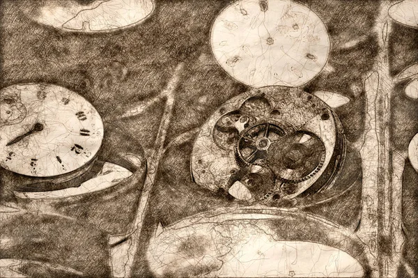 Sketch of a Watch Repair Shop: Effects of Time on Collection of Old, Broken and Discarded Watches