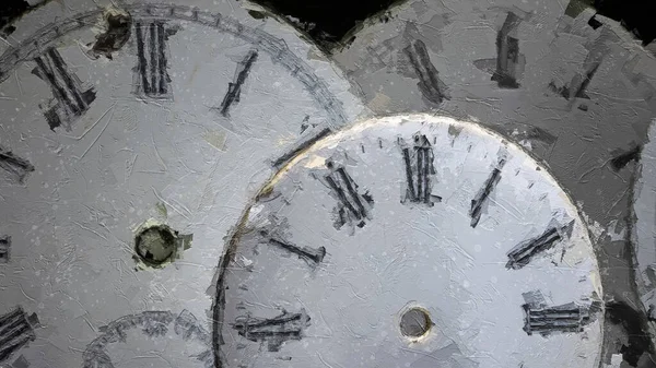 時計修理工場の印象的なスタイルのアートワーク 古い廃棄時計のダイヤルのコレクションに時間の影響 — ストック写真