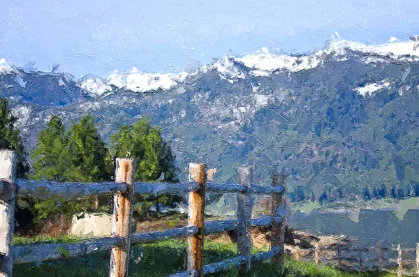 Style Impressionniste Oeuvre Art Clôture Bois Les Montagnes Enneigées — Photo