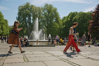 İnsanlar Oslo, Norveç 'teki parkta güneşli bir yaz gününün tadını çıkarıyorlar.