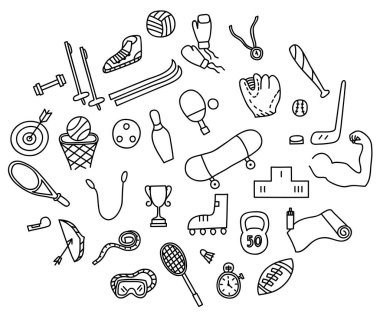 El çizilmiş vektör çizim set, fitness ve spor işareti doodles