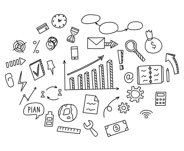 Mão desenhar doodle elementos dinheiro e ícone de moeda, gráfico gráfico. Conceito negócios finanças analytics ganhos. Ilustração vetorial —  Vetores de Stock