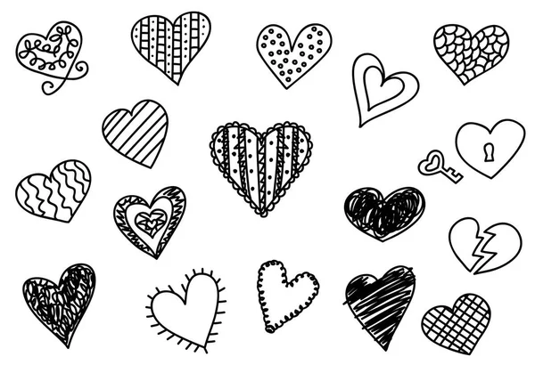 Conjunto de iconos corazón Doodle, ilustraciones vetor dibujado a mano . — Archivo Imágenes Vectoriales