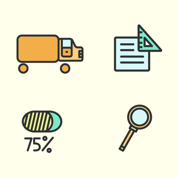 Set pictogrammen bedrijfs: vrachtwagen, Vergrootglas, papier en procent. Vectorillustratie. — Stockvector