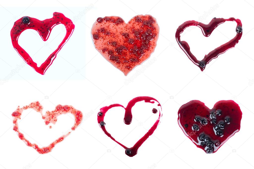 Love set red Jam in form of hearts isolated on white background.