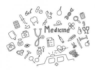 Elle çizilmiş tıp Icon set. Tıbbi sağlık, eczane doodle simgeler.
