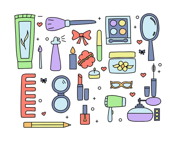 Doodle barva rukou nakreslené make-up a kosmetika — Stockový vektor