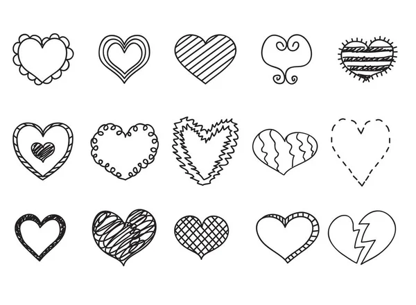 Conjunto de iconos corazón Doodle, ilustraciones vetor dibujado a mano — Vector de stock