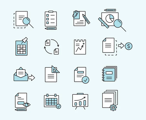 Serie di icone di documenti di progettazione lineare per il business, finanza e comunicazione. Illustrazione vettoriale . — Vettoriale Stock