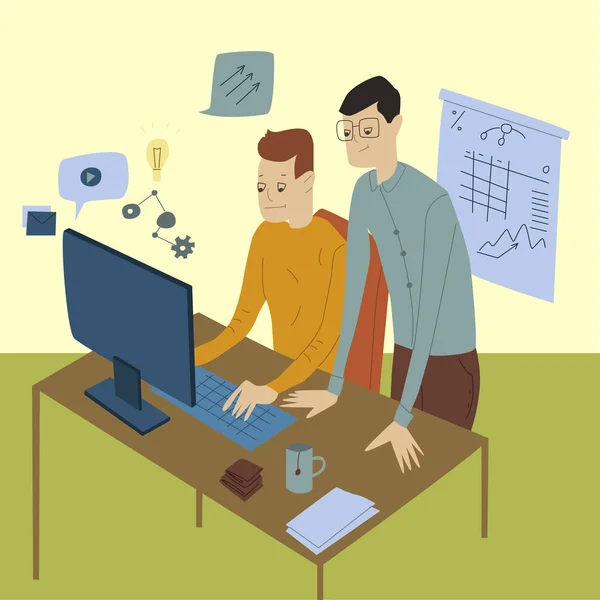 Zakenmensen, collega 's die aan een bureau zitten en aan een computer werken. Platte ontwerp vector illustratie. — Stockvector