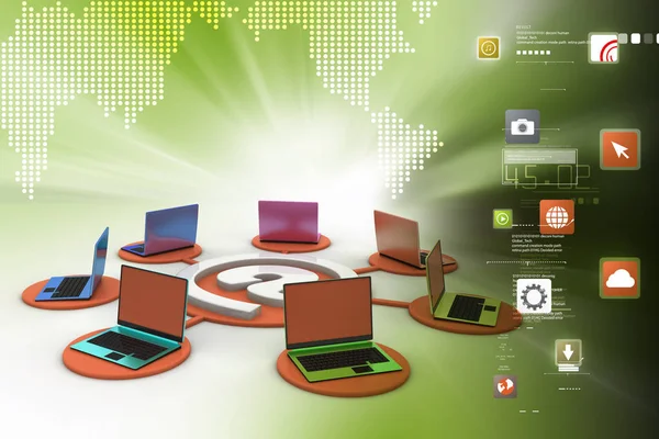 Ilustração 3d de laptop em torno do sinal de e-mail — Fotografia de Stock