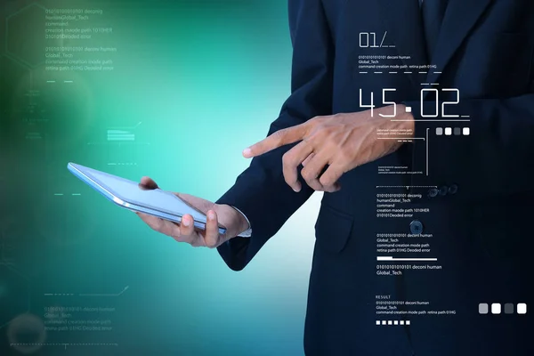 Digital illustration av affärsman kontroll tid på digitala tabletten — Stockfoto