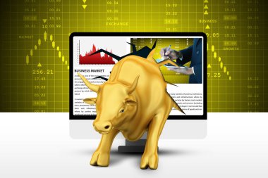 Rising golden business bull with laptop clipart