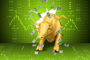 3d illustration of Rising golden business bull with graph clipart