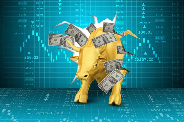 Golden bull with currency note — Stock Photo, Image