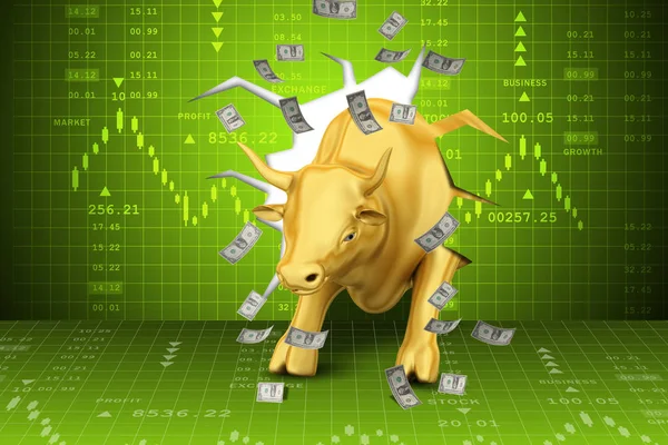 3D illustratie van Rising gouden business stier met grafiek — Stockfoto