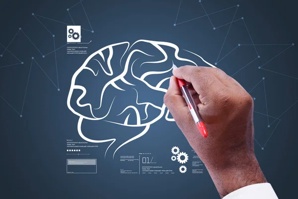 digital illustration of Man drawing human brain