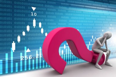 bir soru işareti üzerinde oturan iş adam 3D çizimi 