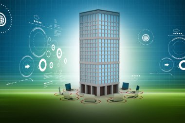 Bilgisayar ağın binanın etrafında 3D çizimi 