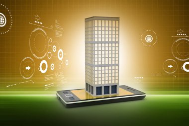 Akıllı telefon ve bina Emlak konsepti ile 3D çizimi