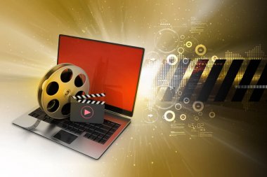     Laptop 3D çizimi reel tekerlek ve bel soğukluğu ile yönetim kurulu renk arka planda