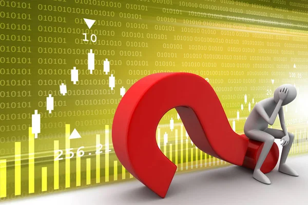 bir soru işareti üzerinde oturan iş adam 3D çizimi 