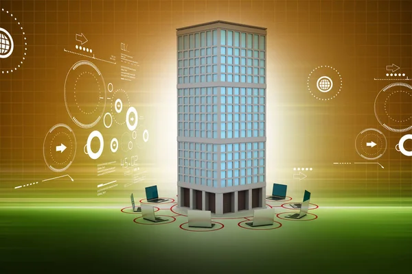 Ilustrație 3D a rețelei de calculatoare din jurul clădirii — Fotografie, imagine de stoc