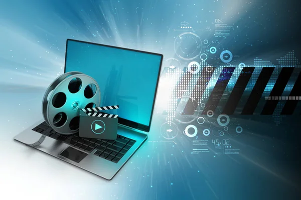 3d illustration of Laptop with reel wheel and clap board in color background — Stock Photo, Image