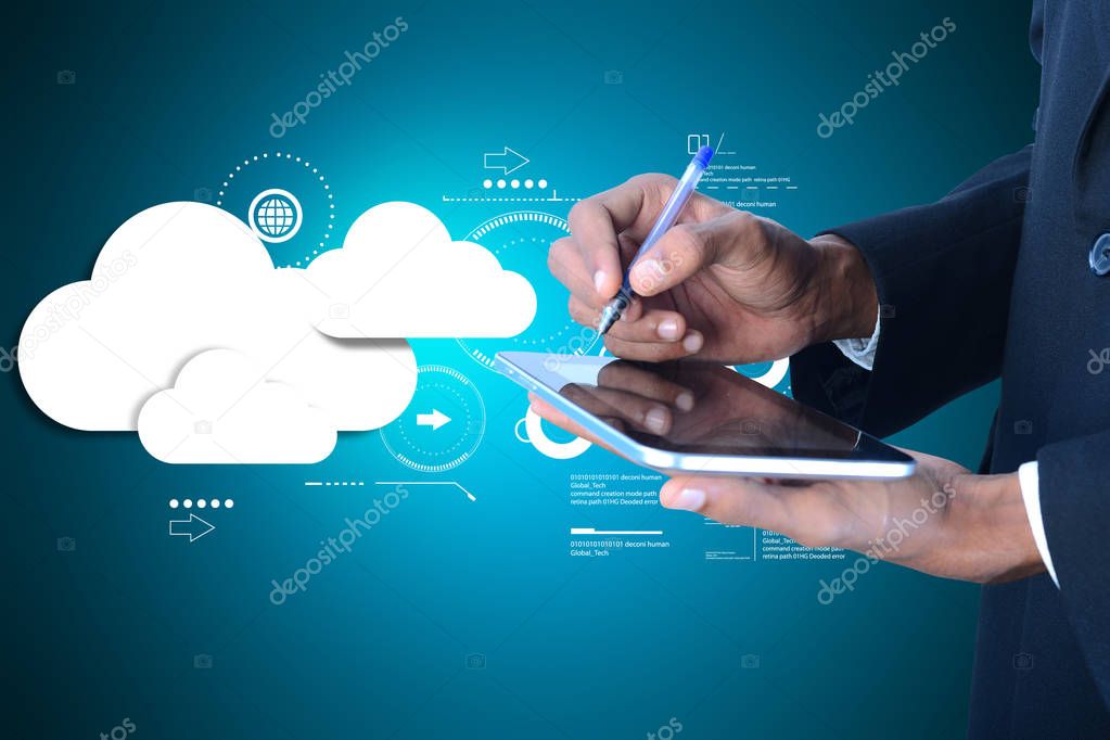 digital illustration of man showing cloud technology