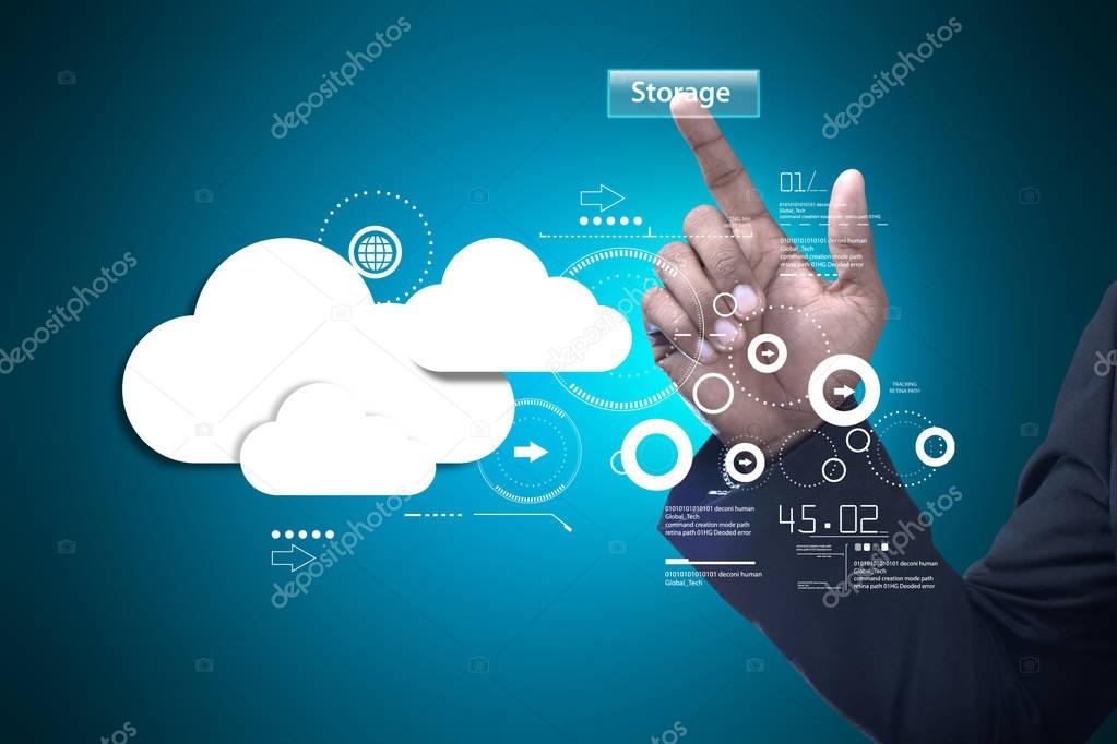 digital illustration of man showing cloud technology