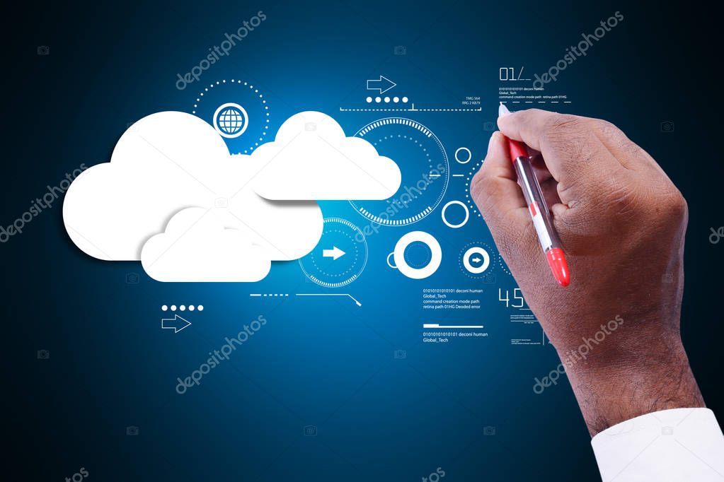 digital illustration of man showing cloud technology  