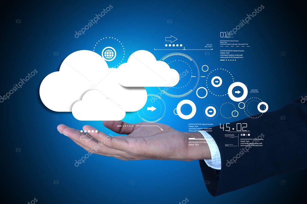 digital illustration of man showing cloud technology  