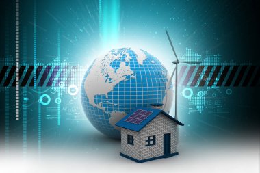 Küre IO renk arka plan ile Rüzgar değirmeni ve güç ev