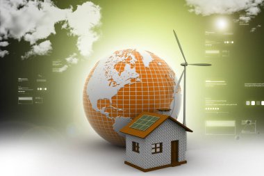 Küre ile Rüzgar değirmeni ve güç ev 3D çizimi  